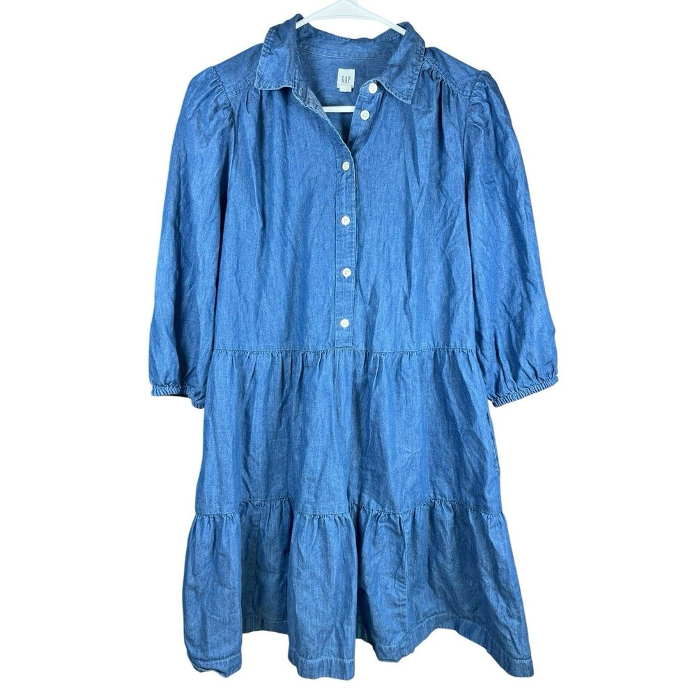 GAP Denim Chambray Tiered Shirt Dress Small Petite Puff Sleeve Western Prairie